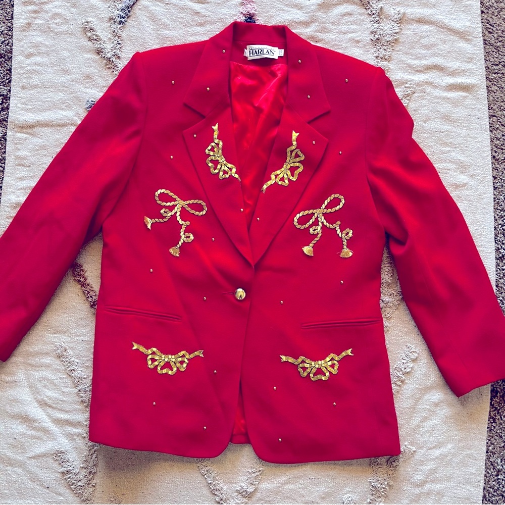 Vintage Harlan Blazer Gold Bow Accents Womens 12 shoulder pads Made in the USA